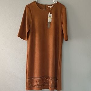 Chic Tan Midi Dress with Studded Hem